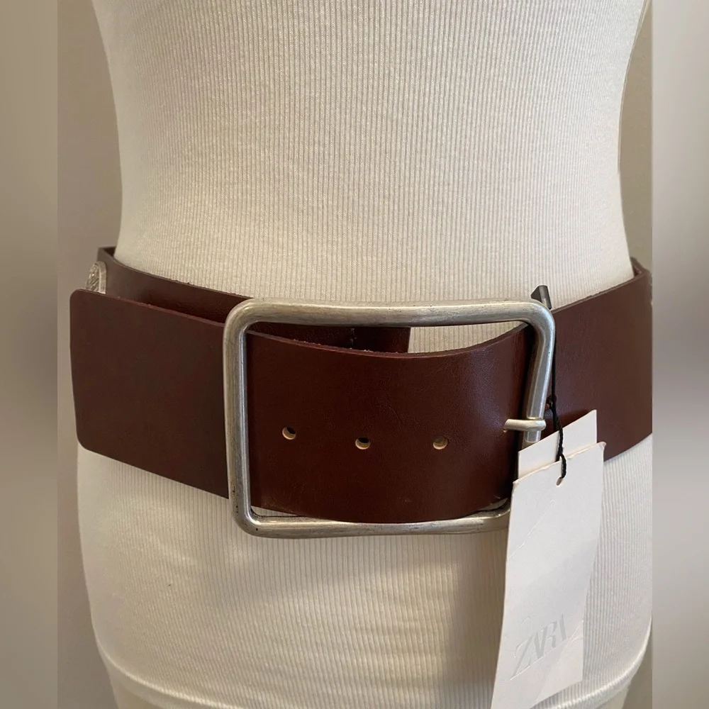 ZARA Brown Leather Belt with Silver Buckle - Size US 32 - NEW